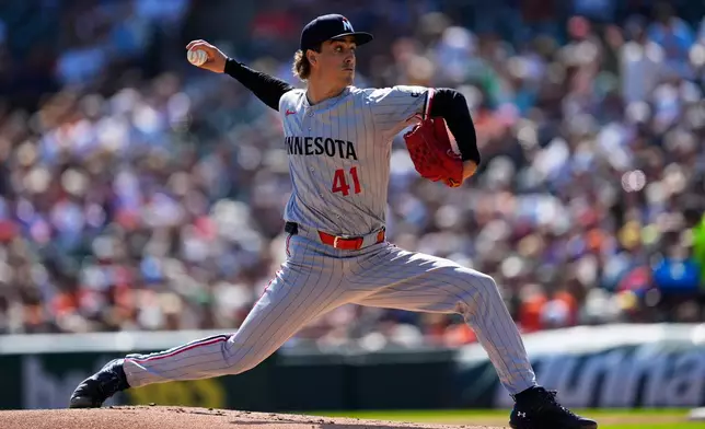 Minnesota Twins pitcher Joe Ryan throws against the Detroit Tigers during the first inning of a baseball game Monday, Sept. 7, 2026, in Detroit. (AP Photo/Paul Sancya)
