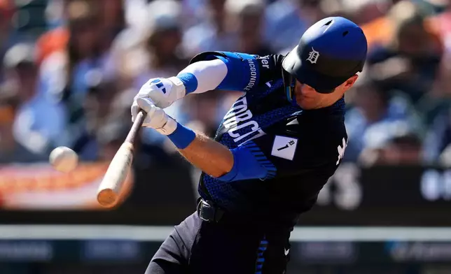 Detroit Tigers' Kevin McGonigle hits a home run against the Minnesota Twins during the first inning of a baseball game Monday, Sept. 7, 2026, in Detroit. (AP Photo/Paul Sancya)