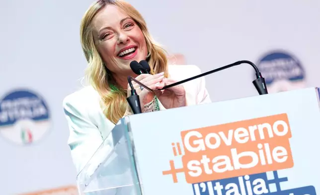 Italian Prime Minister Giorgia Meloni speaks during a news conference in Bari, Friday, Sept 4, 2026 (Roberto Monaldo /LaPresse via AP)