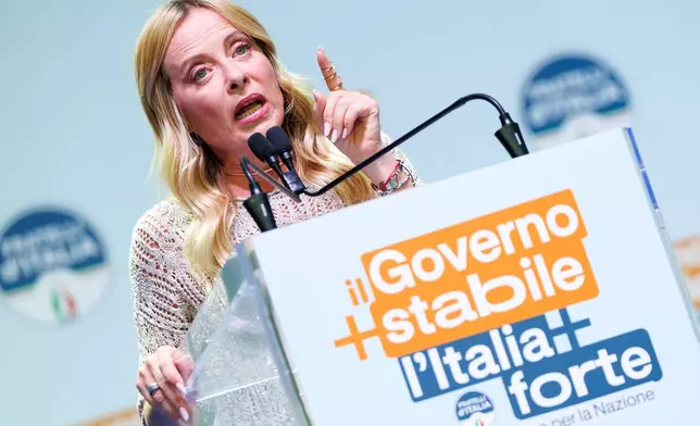 Italian Prime Minister Giorgia Meloni speaks during a news conference in Bari, Friday, Sept 4, 2026 (Roberto Monaldo /LaPresse via AP)