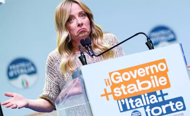 Italian Prime Minister Giorgia Meloni speaks during a news conference in Bari, Friday, Sept 4, 2026 (Roberto Monaldo /LaPresse via AP)