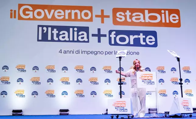 Italian Prime Minister Giorgia Meloni speaks during a news conference in Bari, Friday, Sept 4, 2026 (Roberto Monaldo /LaPresse via AP)
