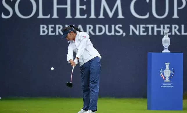 Alison Lee of the United States plays from the 1st tee during the final day of the Solheim Cup in Den Bosch, Netherlands, Sunday, Sept. 13, 2026. (AP Photo/Alastair Grant)