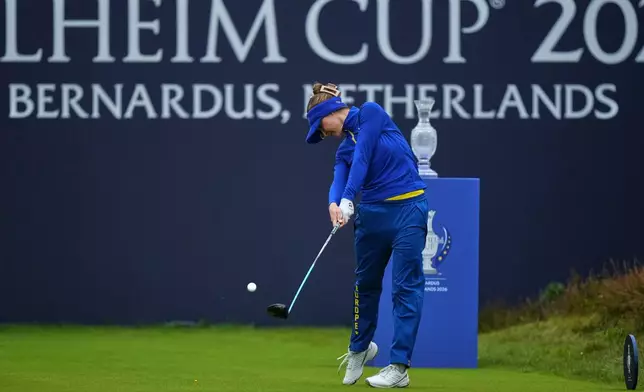 Charley Hull of Europe plays from the 1st tee during the final day of the Solheim Cup in Den Bosch, Netherlands, Sunday, Sept. 13, 2026. (AP Photo/Alastair Grant)