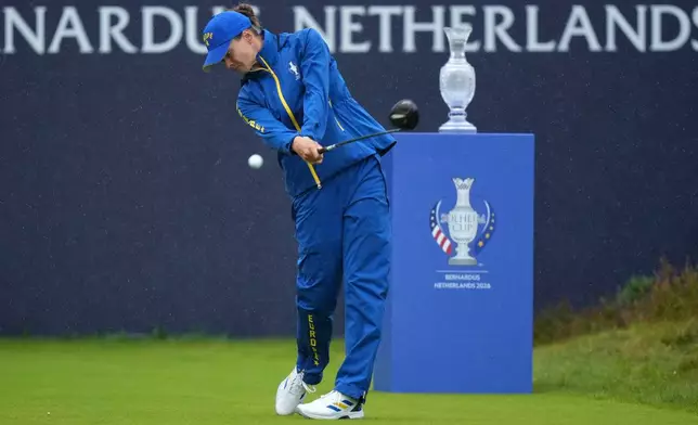 Esther Henseleit of Europe plays from the 1st tee during the final day of the Solheim Cup in Den Bosch, Netherlands, Sunday, Sept. 13, 2026. (AP Photo/Alastair Grant)