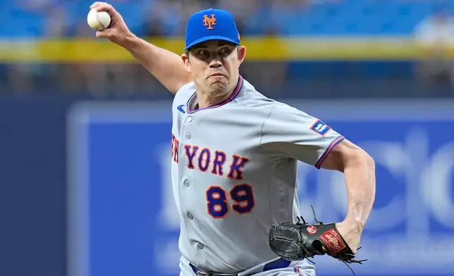 New York Mets pitcher Robert Stock delivers to the Tampa Bay Rays during the first inning of a baseball game Monday, Aug. 31, 2026, in St. Petersburg, Fla. (AP Photo/Chris O'Meara)