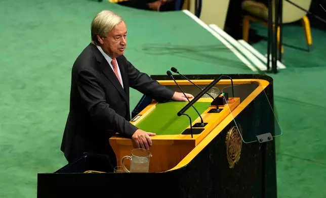 Secretary-General of the United Nations António Guterres speaks at the United Nations General Assembly (UNGA) at the UN headquarters on Tuesday, Sept. 22, 2026. (Justin Tang/The Canadian Press via AP)