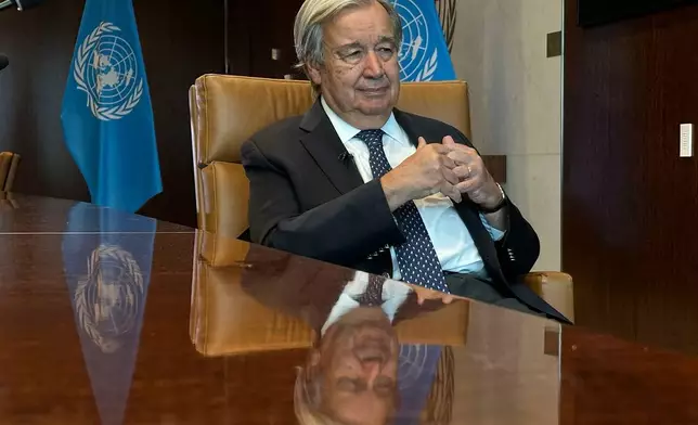 The United Nations Secretary-General Antonio Guterres speaks during an interview with The Associated Press at the United Nations headquarters, Thursday, Sept. 17, 2026. (AP Photo/David R Martin)