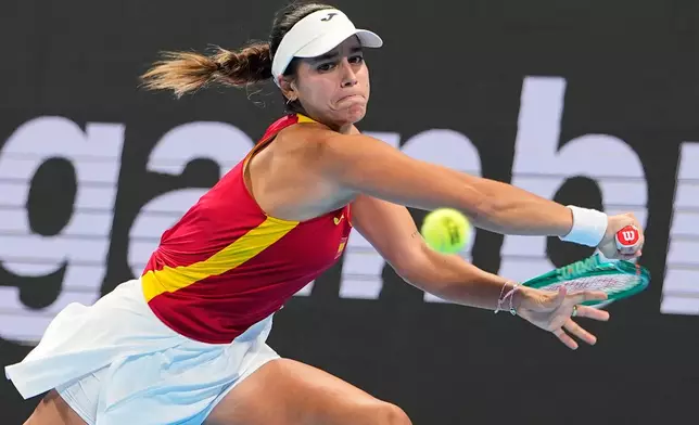 Spain's Jessica Bouzas Maneiro returns the ball to Czech Republic's Karolina Muchova during the Billie Jean King Cup women's singles semifinal tennis match between Spain and Czech Republic, in Shenzhen, China, Friday, Sept. 25, 2026. (AP Photo/Andy Wong)