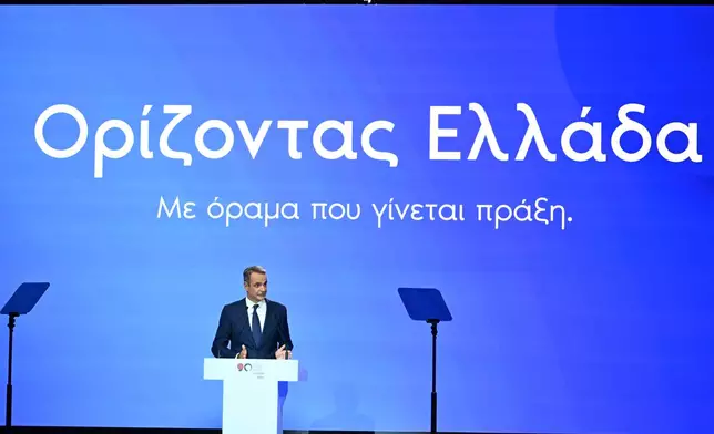 Prime Minister Kyriakos Mitsotakis delivers a speech during Thessaloniki's international trade fair, in the northern city of Thessaloniki, Greece, Saturday, Sept. 5, 2026. (AP Photo/Giannis Papanikos)