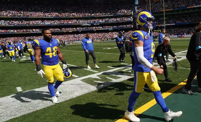 Los Angeles Rams quarterback Matthew Stafford leaves the field after their loss against the San Francisco 49ers in an NFL football game, Wednesday, Nov. 11, 2026, in Melbourne, Australia. (AP Photo/Scott Barbour)