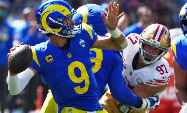 Los Angeles Rams quarterback Matthew Stafford passes against the San Francisco 49ers during the second half of an NFL football game, Friday, Sept. 11, 2026, in Melbourne, Australia. (AP Photo/Asanka Brendon Ratnayake)
