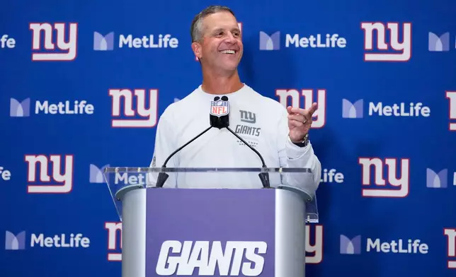 New York Giants head coach John Harbaugh speaks to reporters following an NFL football game against the Dallas Cowboys, Sunday, Sept. 13, 2026, in East Rutherford, N.J. (AP Photo/Yuki Iwamura)