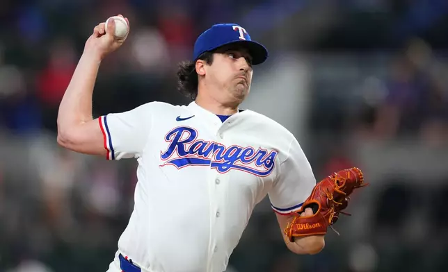 Texas Rangers starting pitcher Cal Quantrill throws to the Tampa Bay Rays during the first inning of a baseball game Thursday, Sept. 3, 2026, in Arlington, Texas. (AP Photo/Julio Cortez)