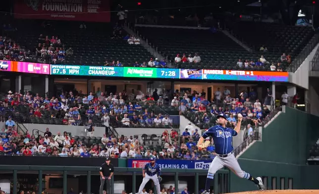 Tampa Bay Rays starting pitcher Shane McClanahan throws to the Texas Rangers during the second inning of a baseball game Thursday, Sept. 3, 2026, in Arlington, Texas. (AP Photo/Julio Cortez)