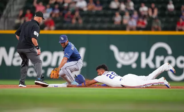 Texas Rangers' Ezequiel Duran (20) takes second base while moving up on a tag up on a ball hit by teammate Corey Seager, not visible, as Tampa Bay Rays second baseman Richie Palacios, center, applies the tag and umpire Will Little (93) looks on during the first inning of a baseball game Thursday, Sept. 3, 2026, in Arlington, Texas. (AP Photo/Julio Cortez)