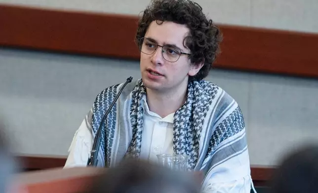 Hisham Awartani testifies in court during Jason Eaton's trial in Chttenden Superior criminal court in Burlington, Vt., Monday, Sept. 14, 2026. (Glenn Russell/Pool photo via AP)