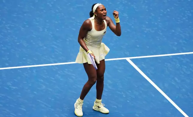 Coco Gauff, of the United States, reacts during a match against Mirra Andreeva, of Russia, during the quarterfinal round of the U.S. Open tennis championships, Wednesday, Sept. 9, 2026, in New York. (AP Photo/Seth Wenig)