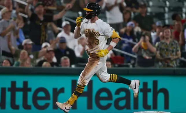 Athletics' Henry Bolte jogs around the bases after hitting a solo home run during the fifth inning of a baseball game against the Toronto Blue Jays, Monday, Sept. 7, 2026, in West Sacramento, Calif. (AP Photo/Scott Marshall)