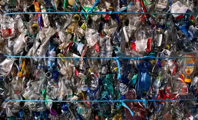 Bales of compressed plastic bottles ready for recycling are displayed at the Whole Earth Recycling in Johannesburg, South Africa, Tuesday, July 28, 2026. (AP Photo/Themba Hadebe)