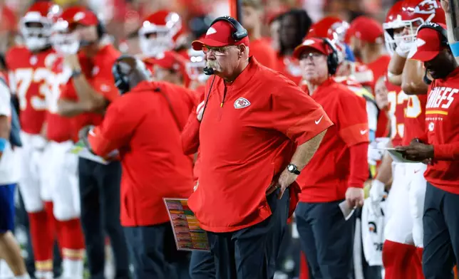 Kansas City Chiefs head coach Andy Reid looks on during the first half of an NFL football game against the Denver Broncos, Monday, Sept. 14, 2026, in Kansas City, Mo. (AP Photo/Colin E. Braley)