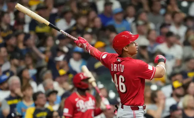 Cincinnati Reds' Juan Brito hits a two-run home run during the fourth inning of a baseball game against the Milwaukee Brewers, Saturday, Sept. 12, 2026, in Milwaukee. (AP Photo/Aaron Gash)