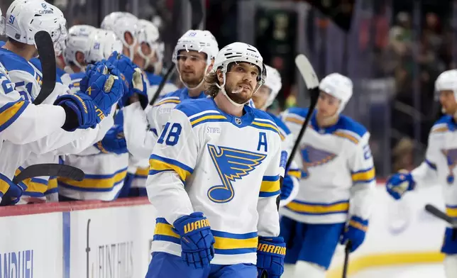 FILE - St. Louis Blues center Robert Thomas reacts after scoring an empty-net goal during the third period of an NHL hockey game against the Minnesota Wild, March 1, 2026, in St. Paul, Minn. (AP Photo/Ellen Schmidt, File)