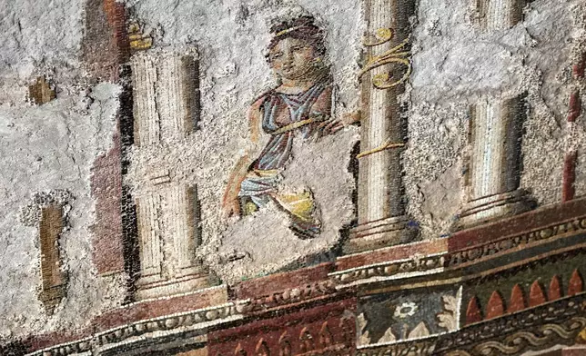 View of the "The Painted City 15-meter wall mosaic" discovered during 1990s built as foundations for the Baths of Trajan during 1990s, has been restored, in Rome, Tuesday, Sept. 8, 2026.(AP Photo/Andrew Medichini)