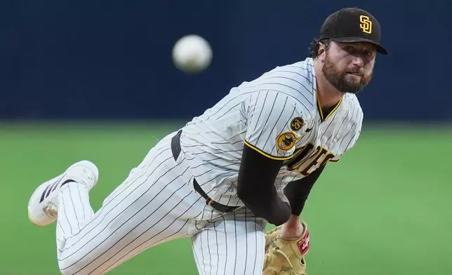 San Diego Padres starting pitcher Casey Mize works against a Washington Nationals batter during the first inning of a baseball game Tuesday, Sept. 8, 2026, in San Diego. (AP Photo/Gregory Bull)
