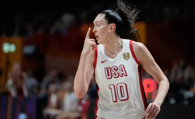 Breanna Stewart, of the United States, reacts during the Women's Basketball World Cup match between the United States and Czechia in Berlin, Monday, Sept. 7, 2026. (AP Photo/Ebrahim Noroozi)