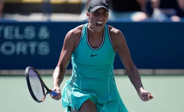 Madison Keys, of the United States, celebrates after she defeated Anna Bondar, of Hungary, during the second round of the U.S. Open tennis championships Thursday, Sept. 3, 2026, in New York. (AP Photo/Seth Wenig)