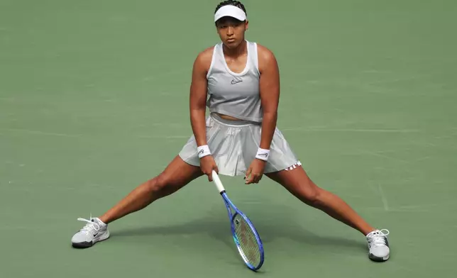 Naomi Osaka, of Japan, reacts during the second round of the U.S. Open tennis championships against Katerina Siniakova, of the Czech Republic, Thursday, Sept. 3, 2026, in New York. (AP Photo/Andres Kudacki)