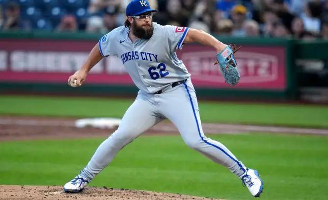 Kansas City Royals pitcher Randy Dobnak delivers during the first inning of a baseball game against the Pittsburgh Pirates in Pittsburgh, Friday, Sept. 18, 2026. (AP Photo/Gene J. Puskar)