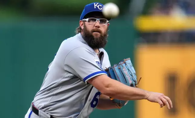 Kansas City Royals pitcher Randy Dobnak delivers during the first inning of a baseball game against the Pittsburgh Pirates in Pittsburgh, Friday, Sept. 18, 2026. (AP Photo/Gene J. Puskar)