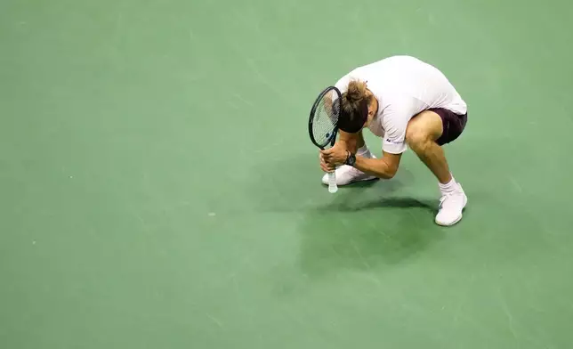 Alexander Zverev, of Germany, reacts after missing a point against Lorenzo Sonego, of Italy, during the first round of the U.S. Open tennis championships Tuesday, Sept. 1, 2026, in New York. (AP Photo/Frank Franklin II)