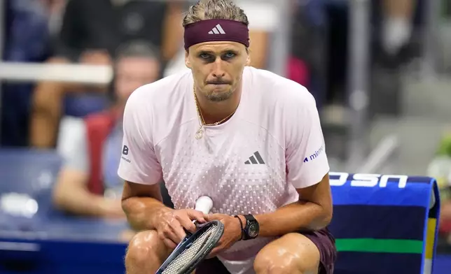Alexander Zverev, of Germany, reacts during a change over in the fourth set against Lorenzo Sonego, of Italy, during the first round of the U.S. Open tennis championships early Wednesday, Sept. 2, 2026, in New York. (AP Photo/Frank Franklin II)