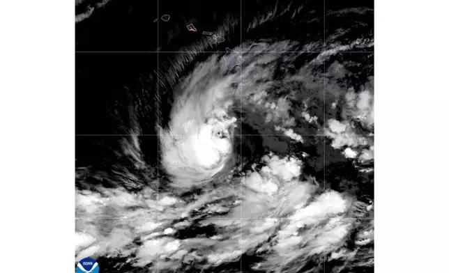 This satellite image from the National Oceanic and Atmospheric Administration shows Tropical Storm Nolo in the Pacific Ocean, Thursday, Sept. 24, 2026. (NOAA via AP)