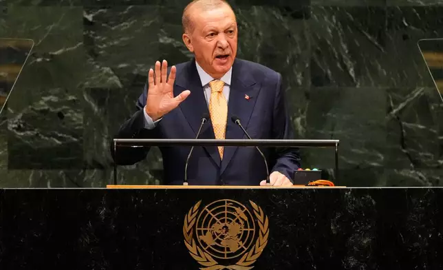 Turkey's President Recep Tayyip Erdogan speaks during the 81st session of the United Nations General Assembly at United Nations headquarters, Tuesday, Sept. 22, 2026. (AP Photo/Seth Wenig)