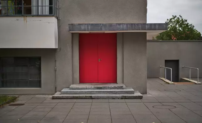 A side entrance at the former Bauhaus design school, which was called an "aberration of modernism" by Germany's far-right Alternative for Germany party, photographed in Dessau, Germany, Aug. 17, 2026. (AP Photo/Markus Schreiber)