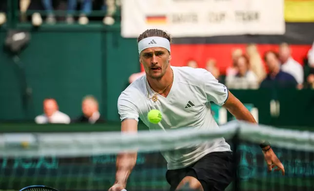 Germany's Alexander Zverev plays Croatia's Dino Prizmic during their Davis Cup tennis match in Halle, Germany, Sunday, Sept. 20, 2026. (Christoph Reichwein/dpa via AP)