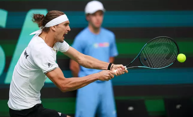 Germany's Alexander Zverev plays Croatia's Dino Prizmic during their Davis Cup tennis match in Halle, Germany, Sunday, Sept. 20, 2026. (Christoph Reichwein/dpa via AP)