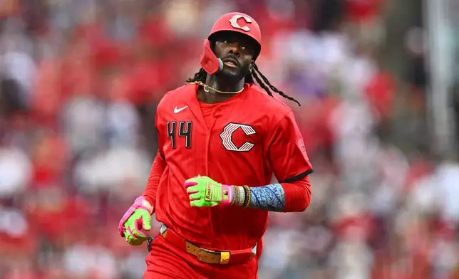 Cincinnati Reds' Elly De La Cruz runs the bases after hitting a solo home run during the first inning of a baseball game against the Milwaukee Brewers in Cincinnati, Saturday, Sept. 5, 2026. (AP Photo/Ben Jackson)
