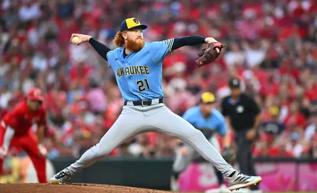 Milwaukee Brewers pitcher Dustin May throws during the first inning of a baseball game against the Cincinnati Reds in Cincinnati, Saturday, Sept. 5, 2026. (AP Photo/Ben Jackson)