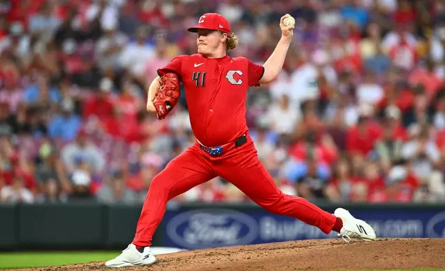 Cincinnati Reds pitcher Andrew Abbott (41) throws during the second inning of a baseball game against the Milwaukee Brewers in Cincinnati, Saturday, Sept. 5, 2026. (AP Photo/Ben Jackson)
