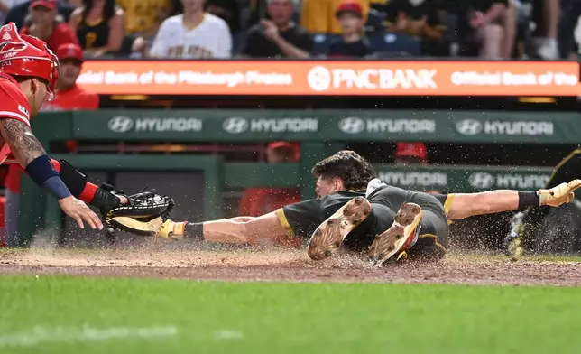 Los Angeles Angels catcher Moises Ballseteros, eft, tries unsuccessfully to tag out Pittsburgh Pirates' Konnor Griffin, right, during the second inning of a baseball game Friday, Sept. 4, 2026, in Pittsburgh. (AP Photo/Philip G. Pavely)