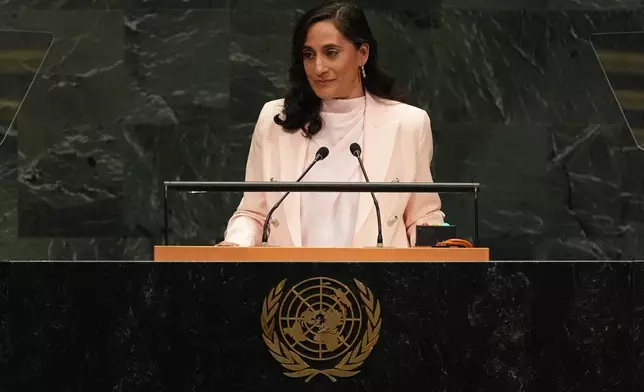 Minister of Foreign Affairs Anita Anand of Canada speaks during the 81st session of the United Nations General Assembly at United Nations headquarters, Saturday, Sept. 26, 2026. (AP Photo/Heather Khalifa)
