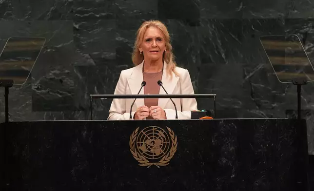 Foreign Minister Thorgerour Katrín Gunnarsdottir of Iceland speaks during the 81st session of the United Nations General Assembly at United Nations headquarters, Saturday, Sept. 26, 2026. (AP Photo/Heather Khalifa)