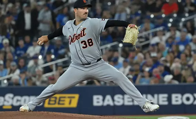Detroit Tigers pitcher Drew Anderson (38) throws to a Toronto Blue Jays batter during the first inning of a baseball game in Toronto, Tuesday, Sept. 15, 2026. (Jon Blacker/The Canadian Press via AP)