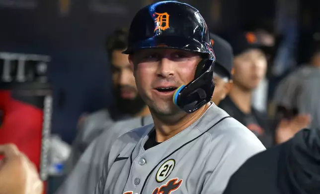 Detroit Tigers' Spencer Torkelson (20) celebrates his three-run home run against the Toronto Blue Jays during fourth inning of a baseball game in Toronto, Tuesday, Sept. 15, 2026. (Jon Blacker/The Canadian Press via AP)