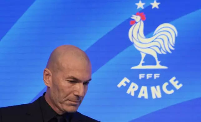 Coach of the France national soccer team, Zinedine Zidane, attends a media conference at the headquarters of French Football Federation headquarters to unveil the squad for the upcoming UEFA Nations League, in Paris, Friday, Sept. 18, 2026. (AP Photo/Thibault Camus)
